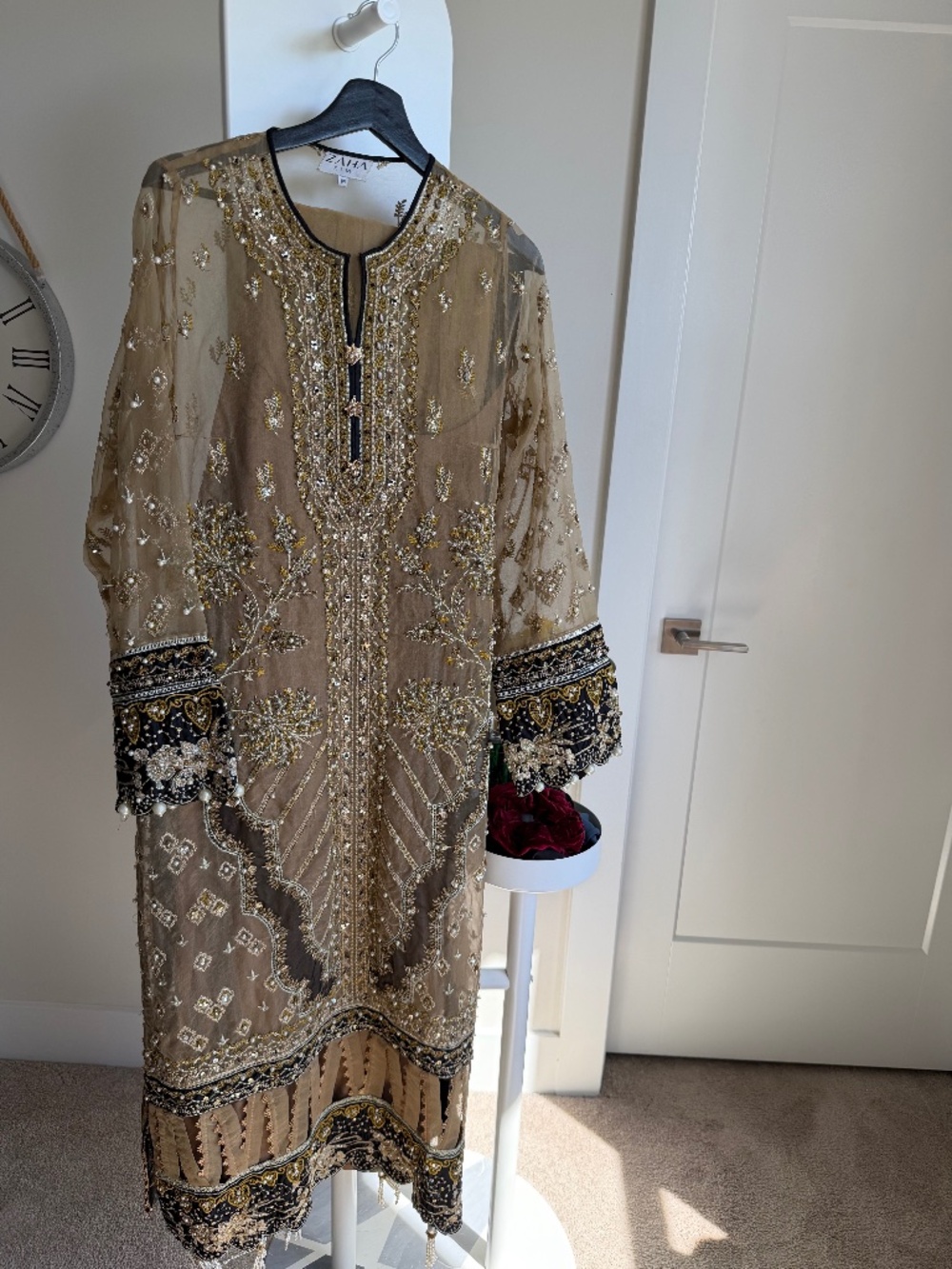 Zaha RTW Medium Gold & Black Embroidered Organza shirt with Slip & Dupatta